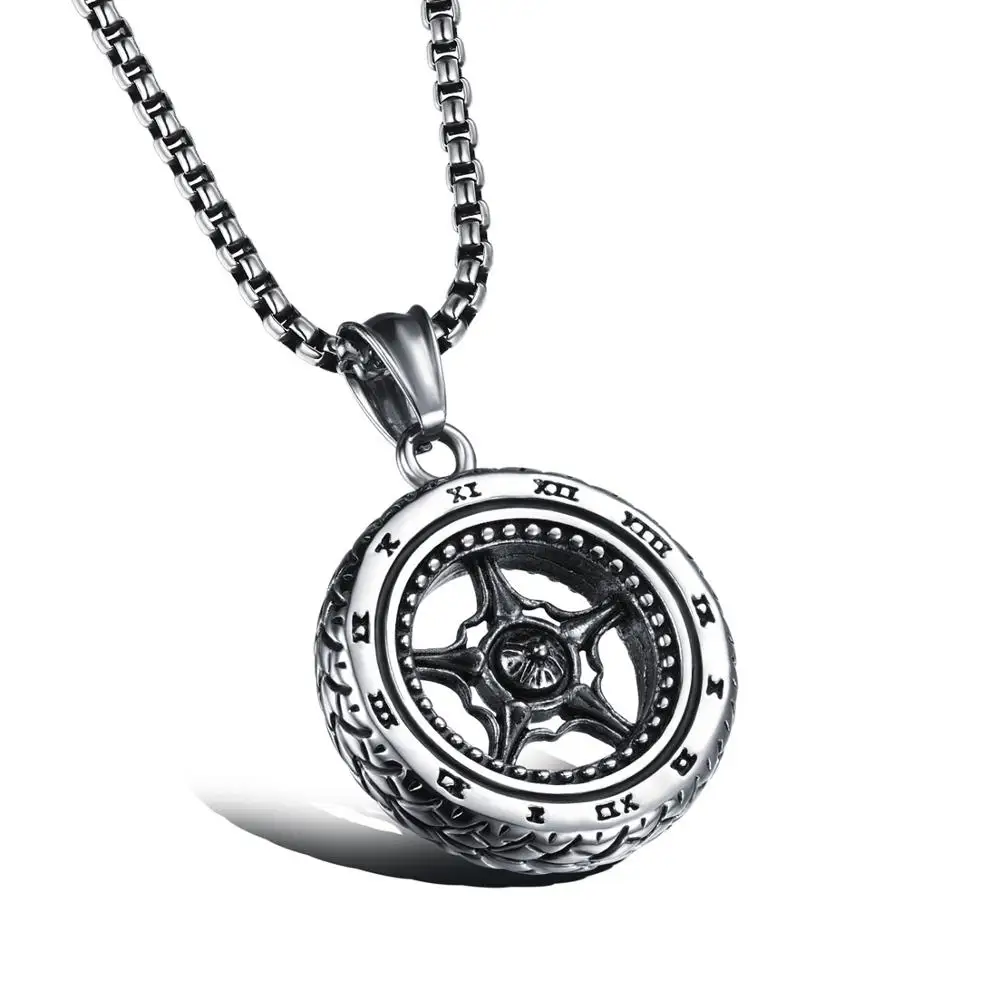 

Vintage New Stainless Steel Silver Color Car Tire With Pentagram Men's Boy's Jewelry Pendant Necklace Free Box Link Chain 24‘’
