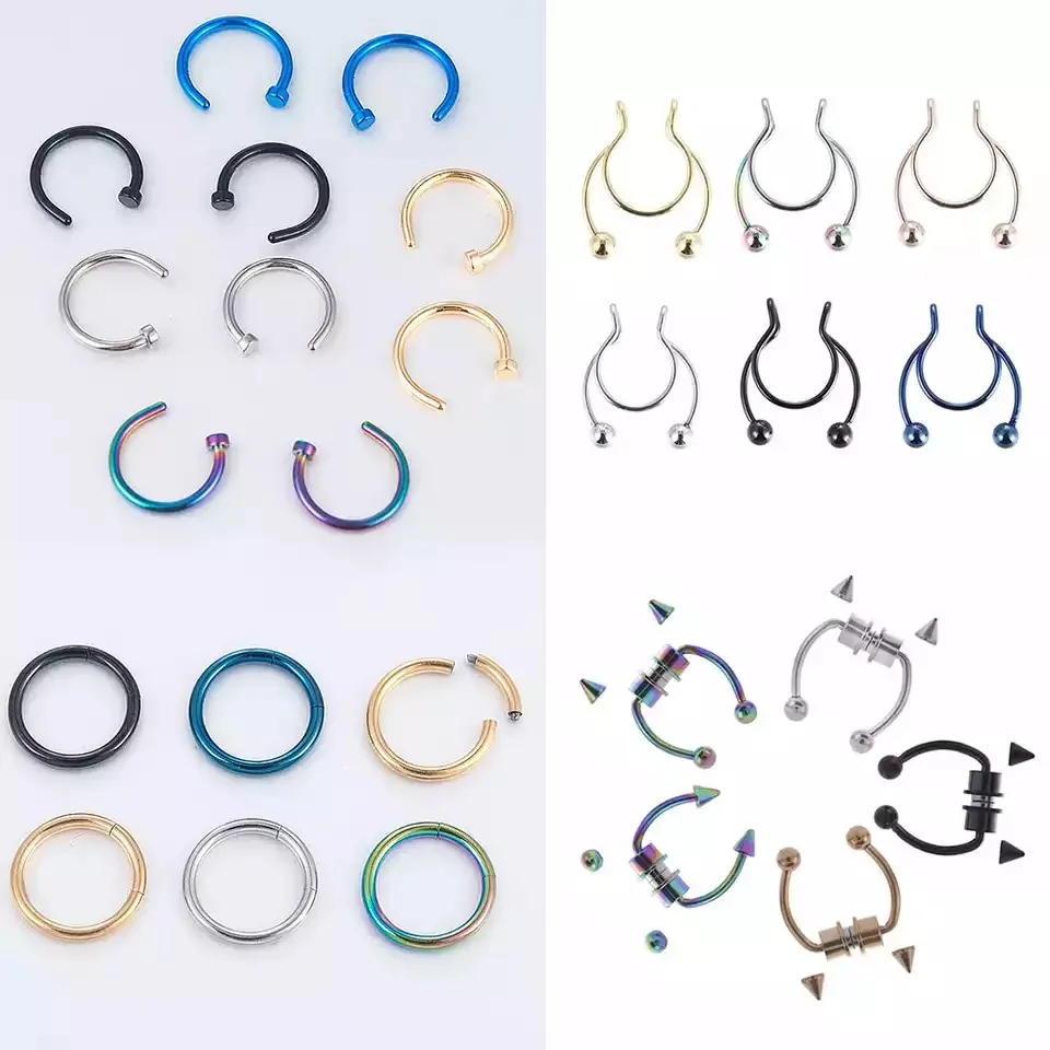 

A Set 12PCS Hinged Septum Nose Ring Lip Ear Cartilage Helix Body Piercing Hip Hop Rock Ear Clip Jewelry