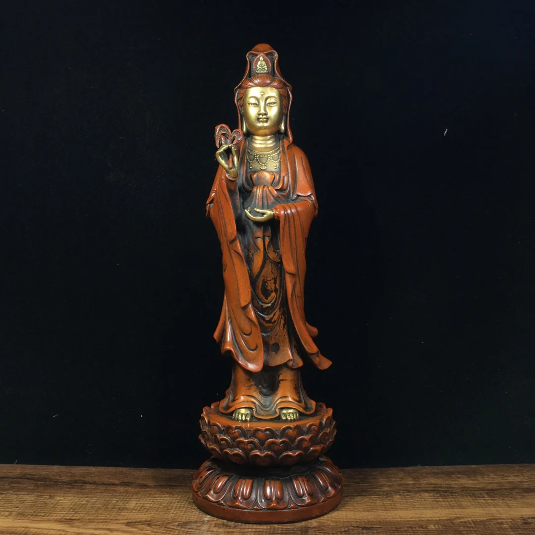 

12"Tibet Temple Collection Old Bronze Gilt Real gold silver Take grass Guanyin Bodhisattva Statue Standing Buddha Enshrine
