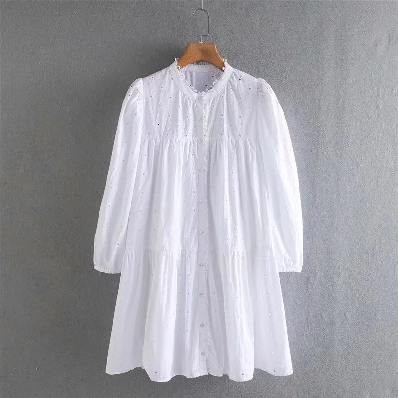 

Qeils New Women 2020 Sweet Fashion Embroidery Hollow Out Mini Dress Vintage O Neck Long Sleeve Female Dresses Vestidos Mujer