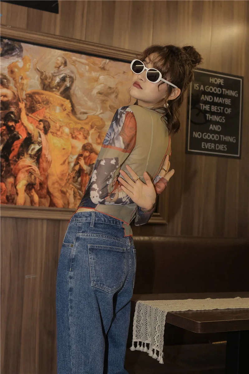 

Fall 2020 Women Fashion Mesh Top Long Sleeve Blouse Asymmetrical Top And Blouses Patchwork Turtleneck High Neck Top S118