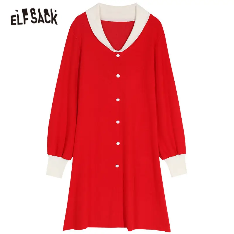 

ELFSACK Black Solid Single Button Knit Pullover Dress Women 2020 Spring Vintage Colorblock Sleeve Casual Ladies Daily Dresses