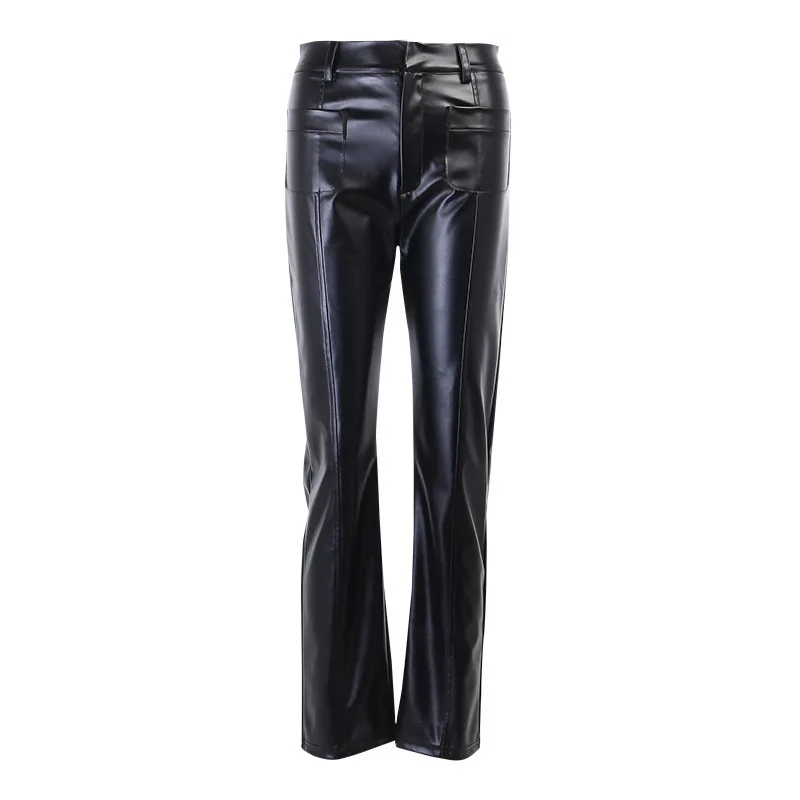 

Luxurious Faux Leather Vintage Y2K Leisure Straight Pants For Women 2021 Autumn Winter Office Lady Slim Design Trousers Female