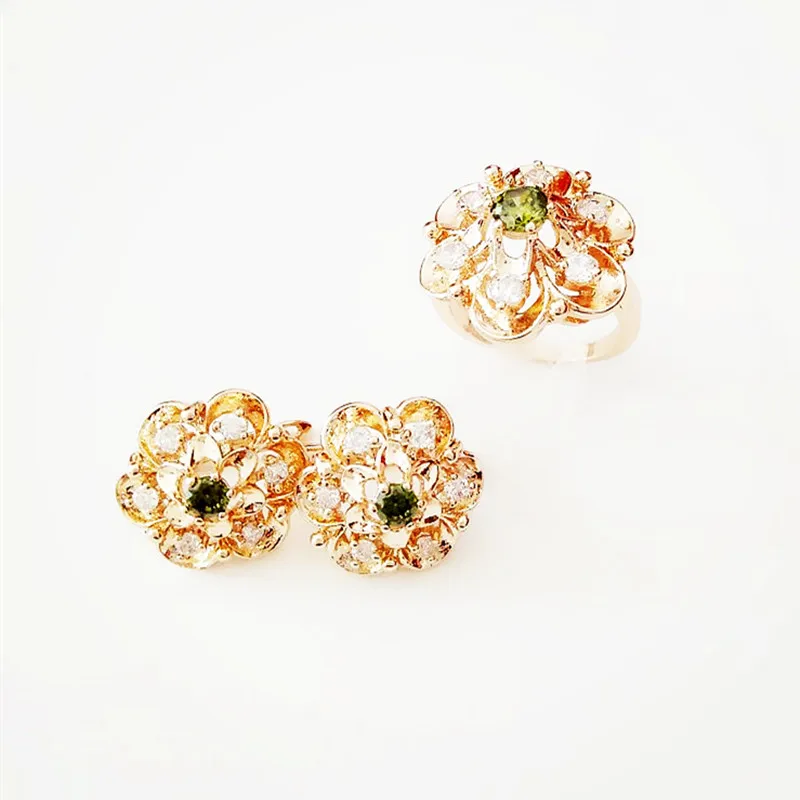 

Trendy 2021 Women Jewelry Set Rose 585 Gold Color Earring Jewelry Sets Round Green Cubic Zircon Earring +Ring Jewelry Sets
