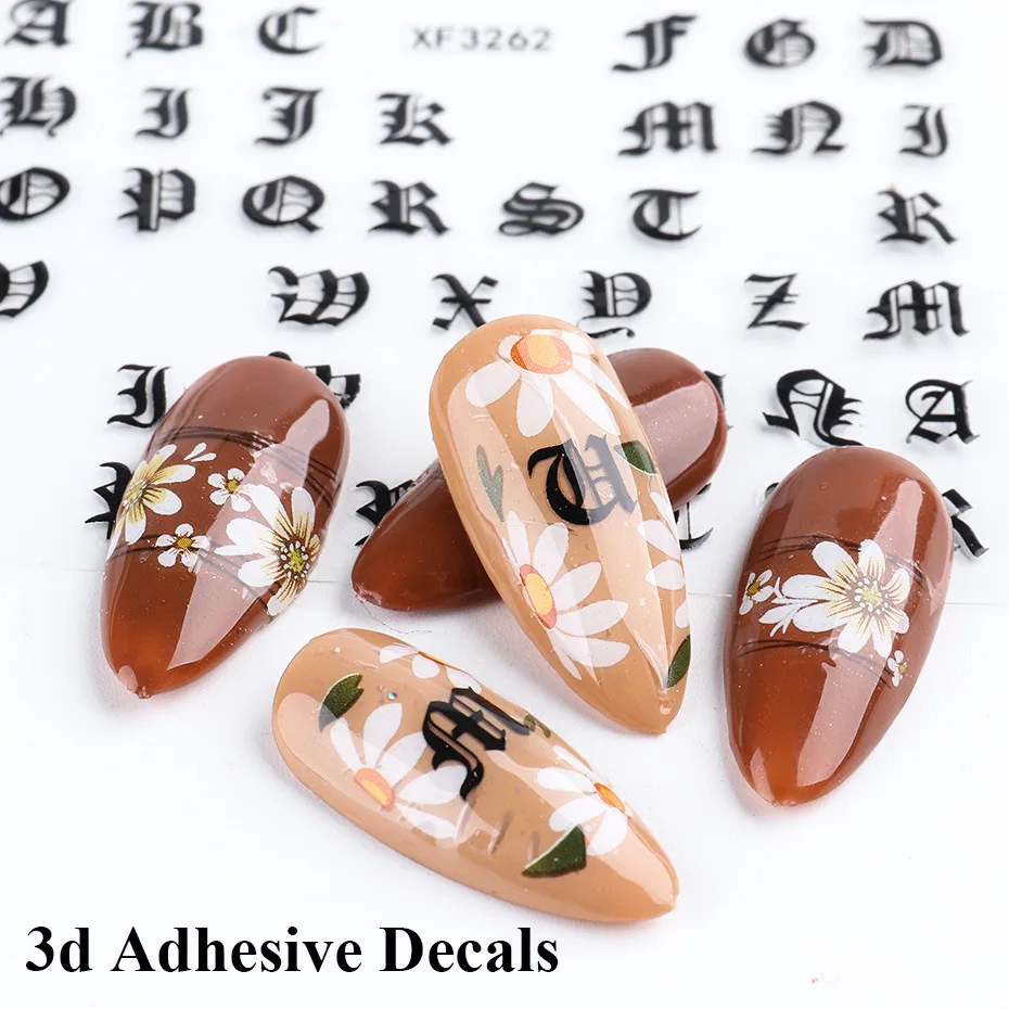 

3D Nail Art Sticker Gothic Letter Black Gold Cool Design Adhesive Slider Nail Inscription English Character Nail Decoration Nail