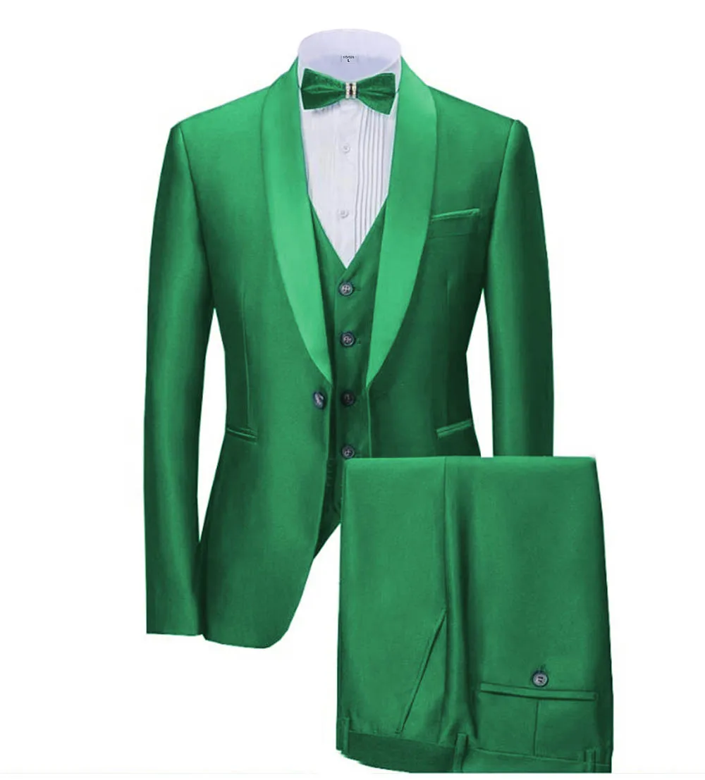 green Новинка, темно-синие мужские костюмы, 3 предмета, деловой Блейзер, смокинги, шаль с отворотом для свадьбы, жениха(пиджак+ жилет+ брюки - Цвет: green