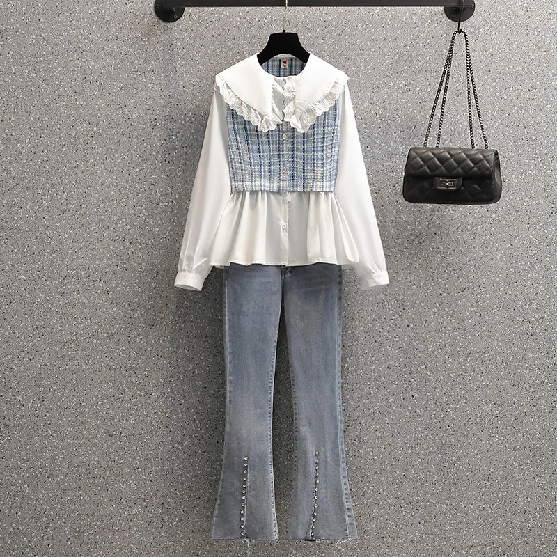 Женский джинсовый костюм рубашка в клетку и джинсовые штаны спортивный