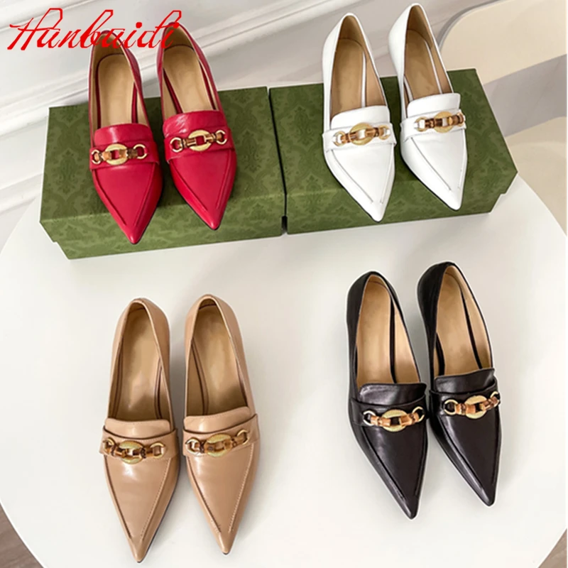 

Women High Heels Shoes Autumn Metal Decoration Chain Sexy Pointed Toe Designer Shoes Slip On Genuine Leather Zapatillas Mujer