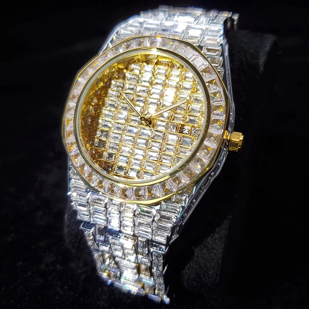 

Hip Hop Top Brand Iced Out Men Watches Bling AAA Baguette Diamond Full Steel Dive Watch Luxury Quartz Jewelry Relógio masculino