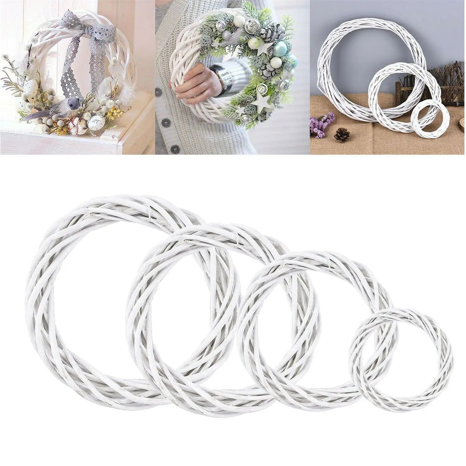 

10-30CM Christmas Rattan Ring Wreath Wicker DIY Craft Window Door Vine Ring Garland Hanging White Wreath Xmas Party Decorations