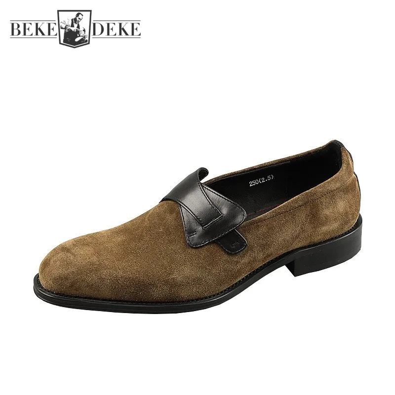 

Vintage Mens Real Cowhide Suede Business Dress Shoes Fashion Footwear Slip-On Pointed Toe Elegant Genuine Leather Derby Shoes