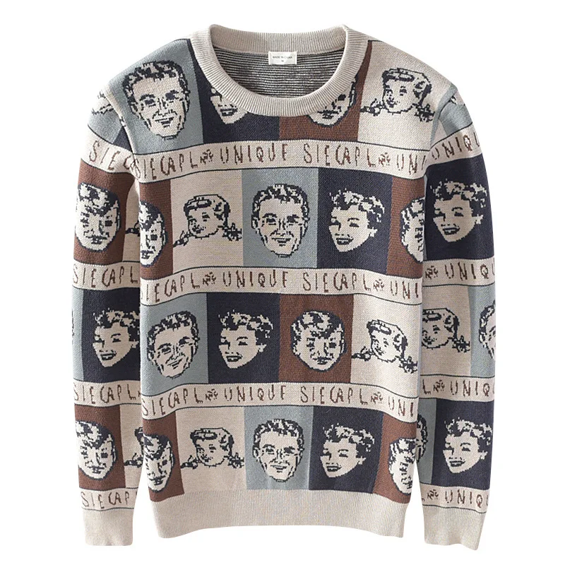 

Winter Autumn Men Individuality Portrait Jacquard Pullover O-Neck Long Sleeve Sweater Patchwork Yarn-Dyed Thicken Warm Knitwear
