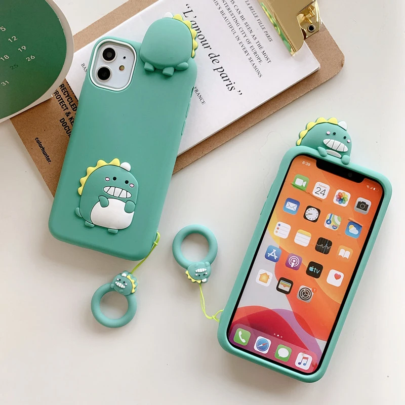 3D Cute Cartoon Dinosaur Finger Ring Phone Case for iPhone XS 11 Pro Max XR X 6 6S 7 8 Plus Funny Soft Silicone TPU Rubber Cover | Мобильные
