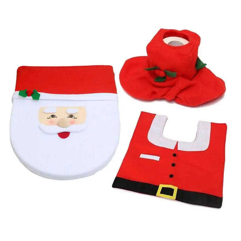 

Christmas Pattern Mildew-proof Waterproof Bathroom Toilet Seat Cover Foot Pad and Water Tank Cover Set Christmas Gift Decoration