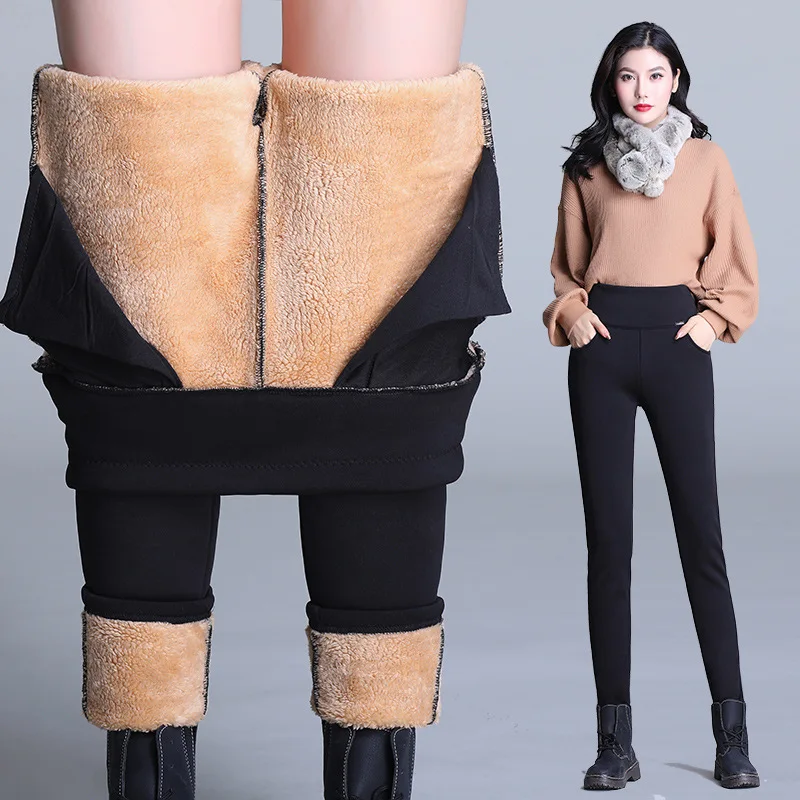 

6XL Plus Size Thickening Lamb Cashmere Winter Pants Women High Waist Elastic Pencil Pants Women Black Trousers Pantalon Femme