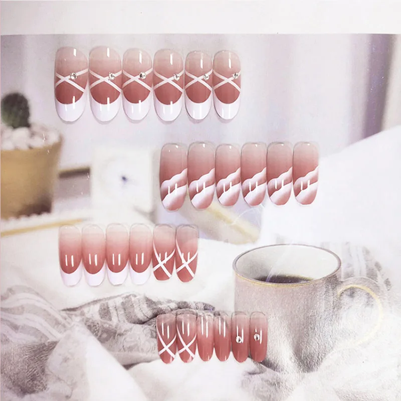 24pcs/Set Middle Long French False Nails Round Head White Line Rhinestone Artificial Manicure Nail Art Tool Full Tips with Glue | Красота и