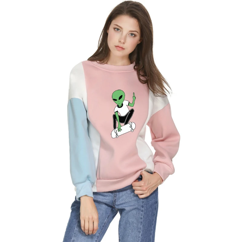 

Women Alien Print Colorblock Patchwork Casual Pullover Sweatshirts 2021 Spring O-neck Korean Female Sudaderas Tracksuits Tops