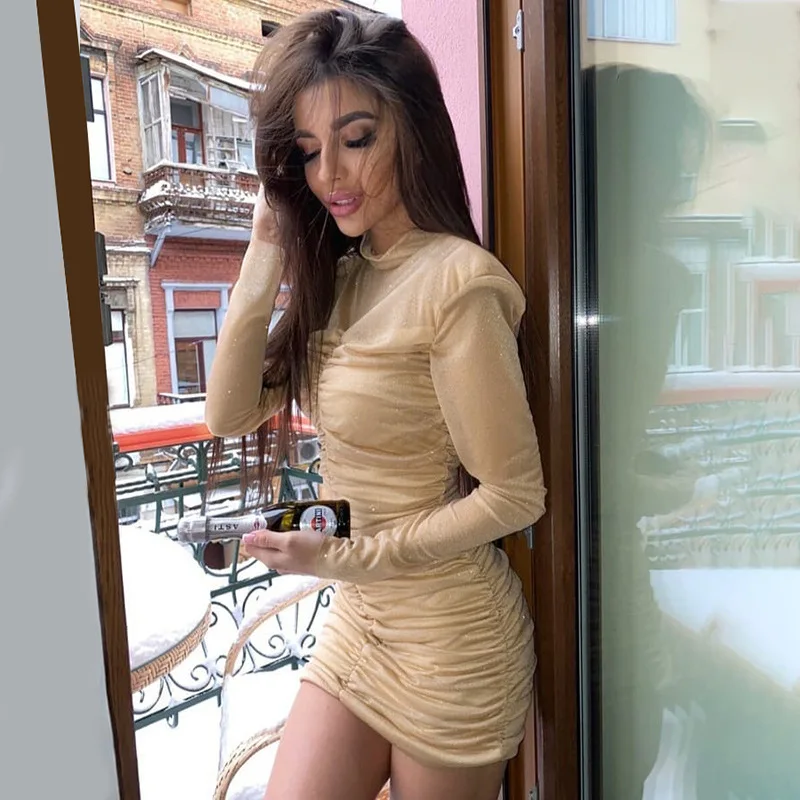 Женское прозрачное плиссированное платье BKLD элегантное облегающее сетка с