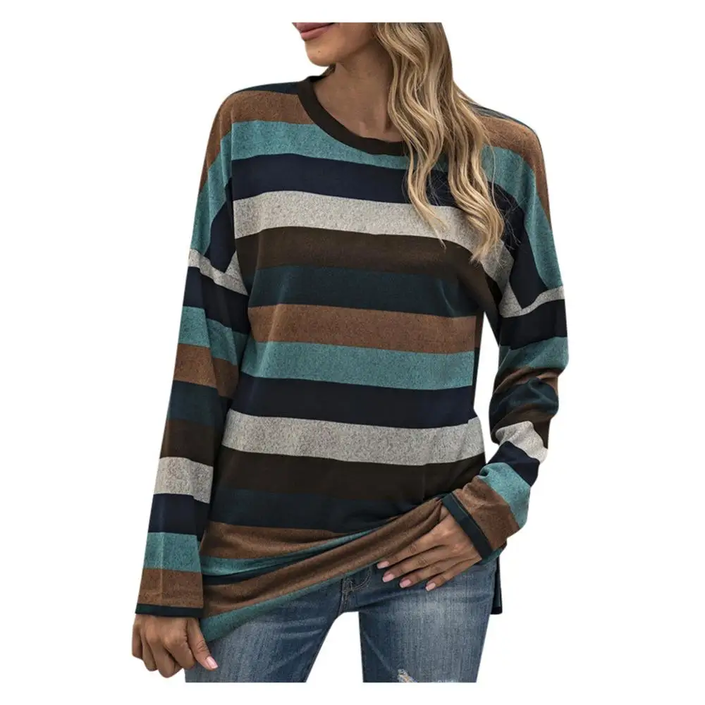 

Women's sweater long-sleeved autumn and winter striped round neck all-match sweater plush top