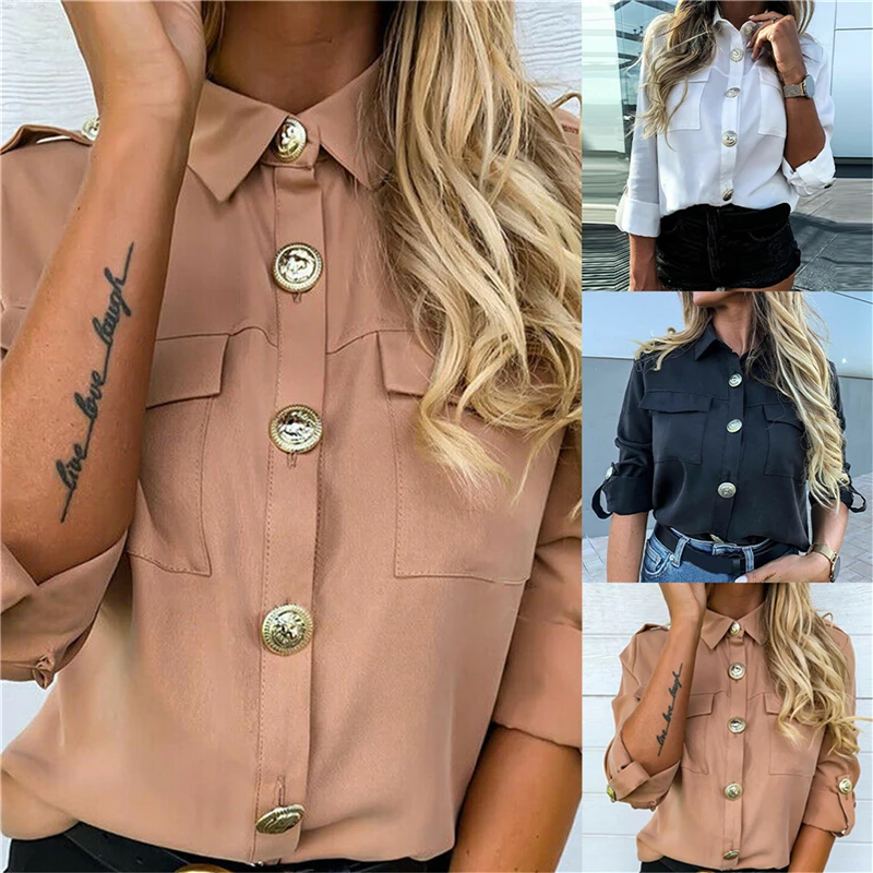 

2020 Women's Formal Casual Blouse Fashion Long Sleeve Solid Color Button Long Tunic Lady Girls Shirts New 3 Colors
