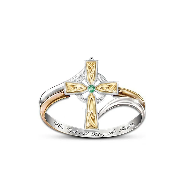 

New fashion religious cross green zircon ladies wedding ring wedding accessories Valentine's day gift jewelry wholesale