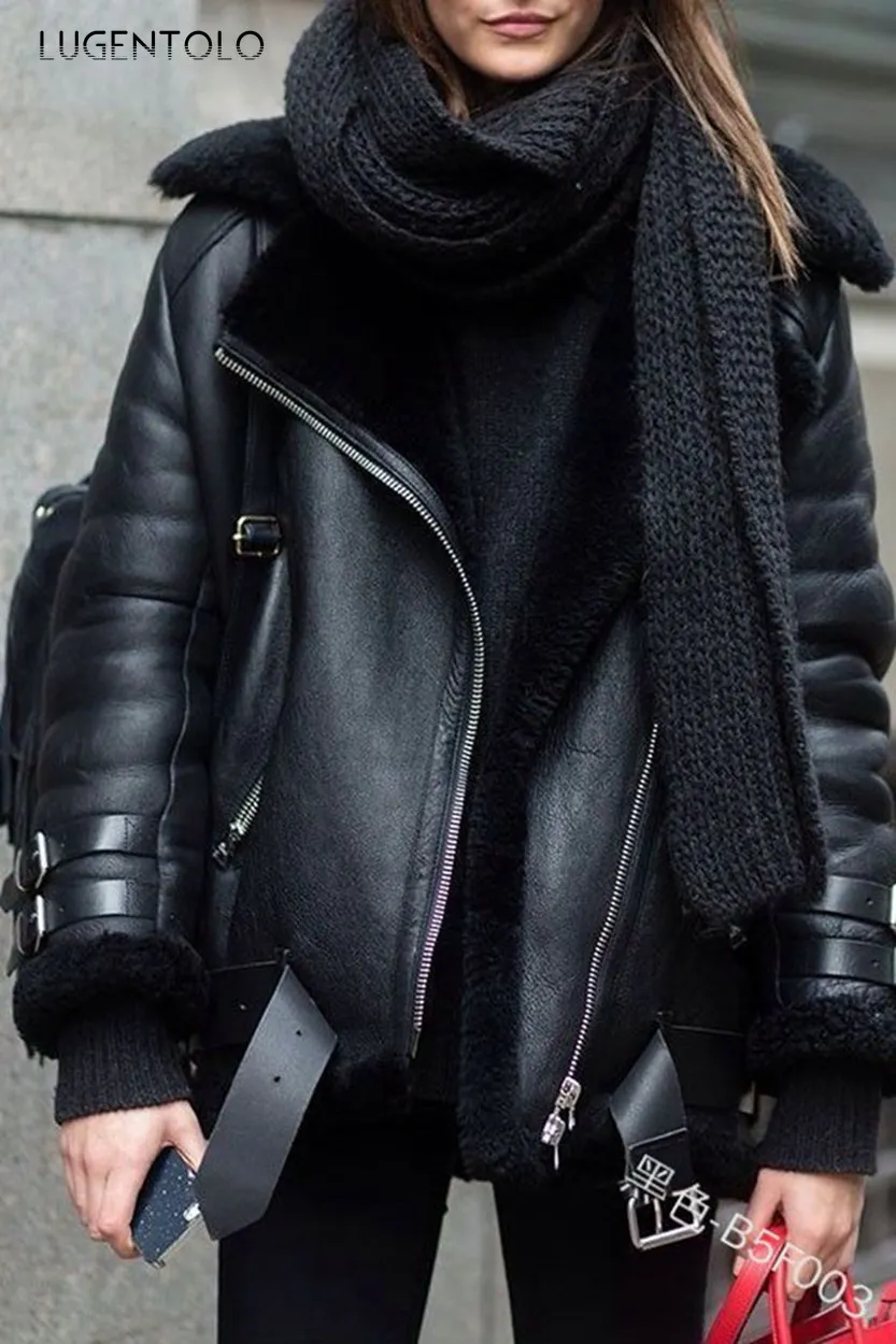 Moto PU Jacket Fashion Autumn Winter Warm Plus Velvet Black Zipper Coat Female Casual Loose Lapel Street Punk Jackets Lugentolo