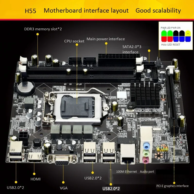 Материнская плата H55 LGA1156 DDR3 поддерживает 8G SATA2.0 PCI-E X16 для серверной серии |