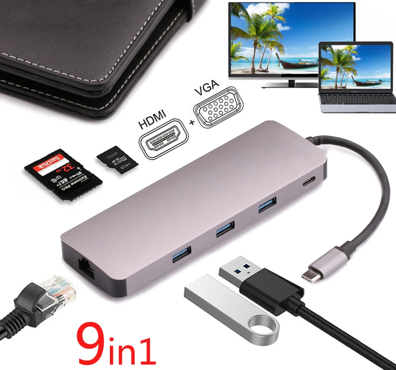 Тип C для питания 4K видео HDMI TV VGA 1000 Мбит/с гигабитный Ethernet Lan кабель адаптер 3 USB 0