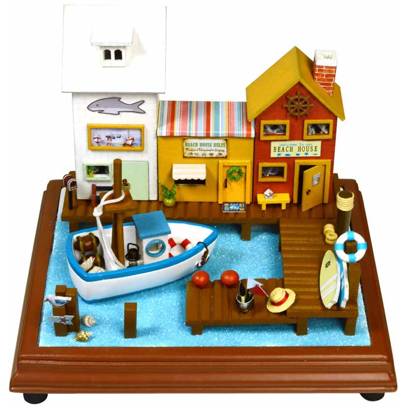 

DIY Miniatures Wooden Doll House Kits Furniture Ocean Town Villa Room with Light Dollhouse Casa Toys for Girls Xmas Gifts