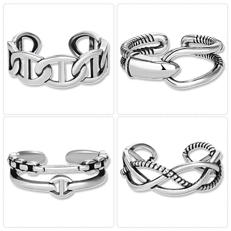 

Vintage Hemp Rope Buckle Open Ring Braided Pig Nose Belt Buckle Opening Ring Adjustable Silver Plated Thai Ring for Women Girls