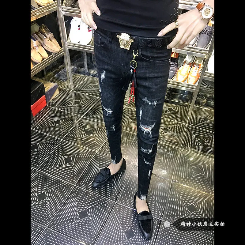 

Wholesale 2021 Fashion New social Cut Hole streetwear cowboy men's trousers skinny jeans men Korean slim feet hip hop pants