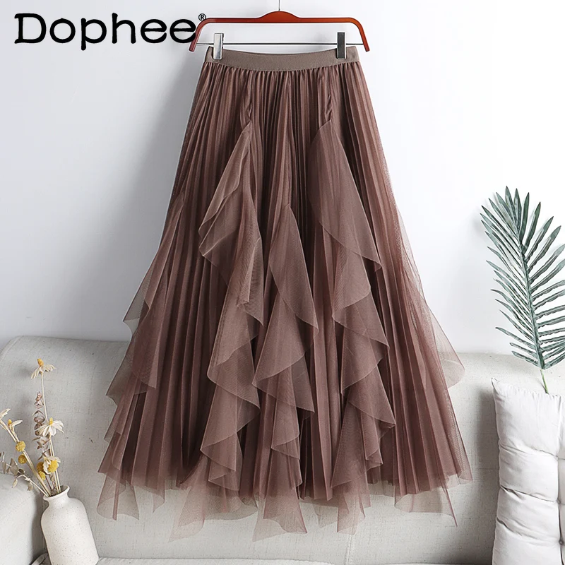 

Ruffles Mesh Stitching Loose Slimming Long Skirt for Women 2021 New Autumn and Winter Mid-Length Pleated Faldas Kawaii Skirt