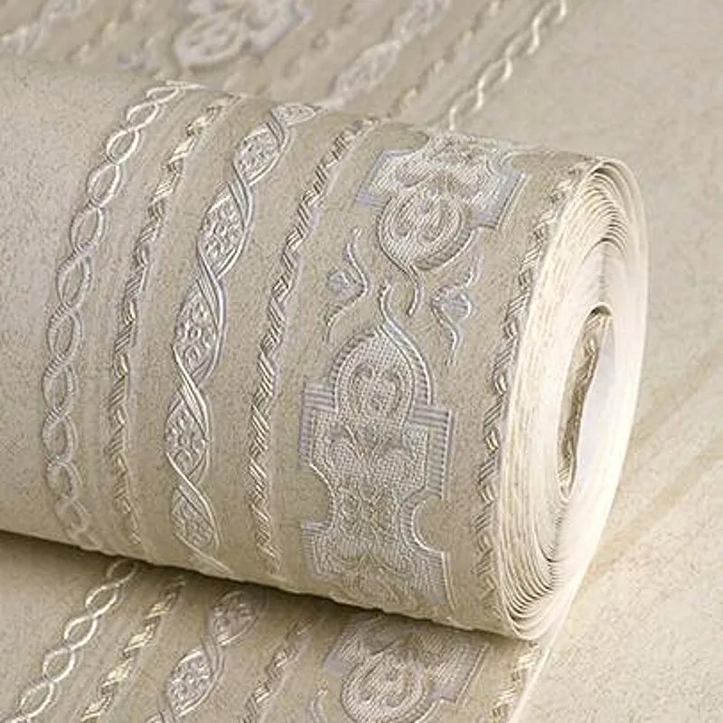 Бежевый тисненый текстурный настенный бумажный полосатый и дамасский узор