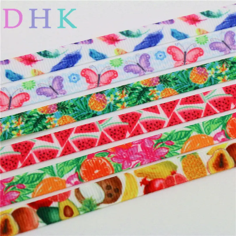 

DHK 3/8'' 5yards feather fruit butterfly printed grosgrain ribbon Accessory hairbow headwear DIY decoration OEM 9mm E1337