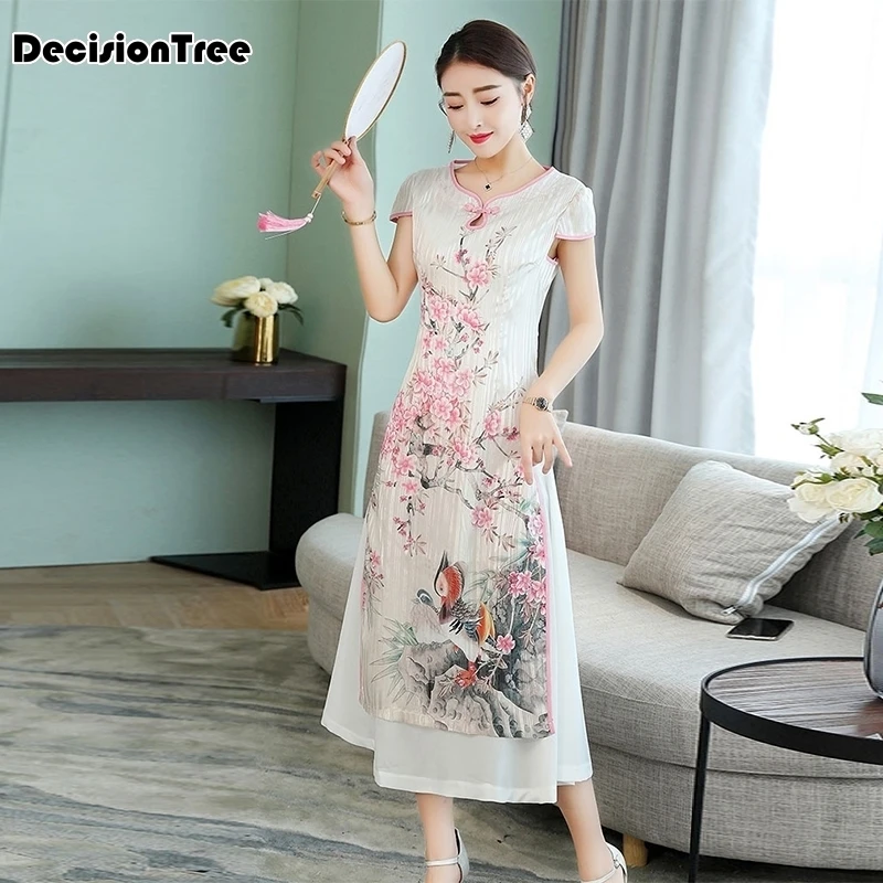 Женский белый Принт aodai вьетнамская традиционная одежда ao dai вьетнамское платье вьетнамские костюмы улучшенное платье чонсам