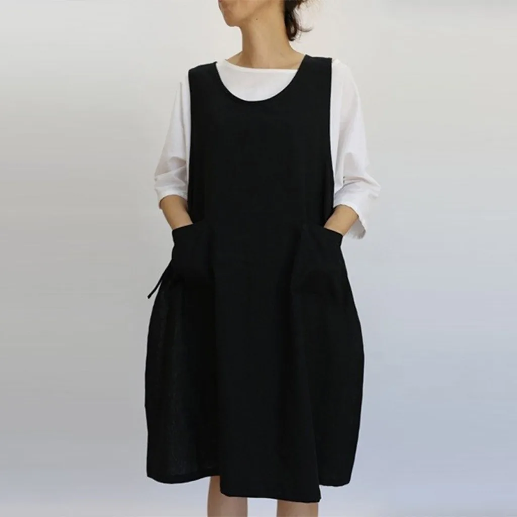 

Top Selling Women Cotton Tunic Dress Casual Apron With Pockets Japanese Style Pinafore Dress Comfortable And Popular
