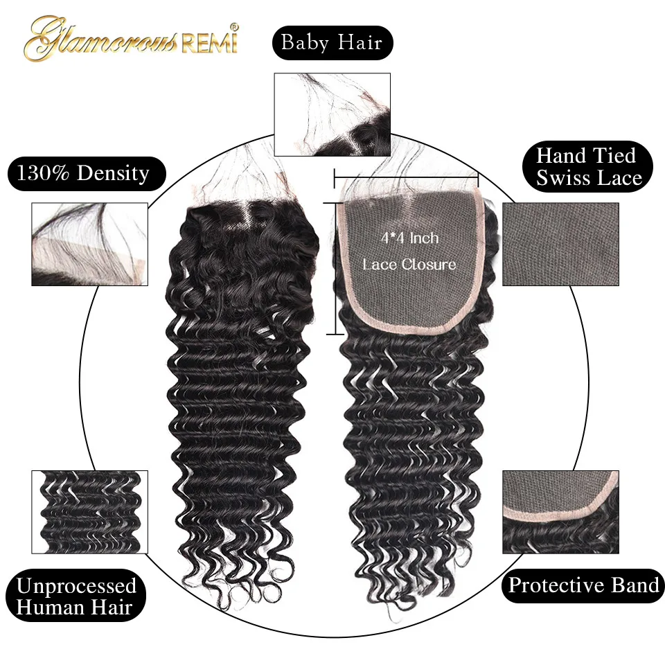 Бразильские глубокая волна пряди с закрытием Remy человеческие волосы 3 4x4 кружева