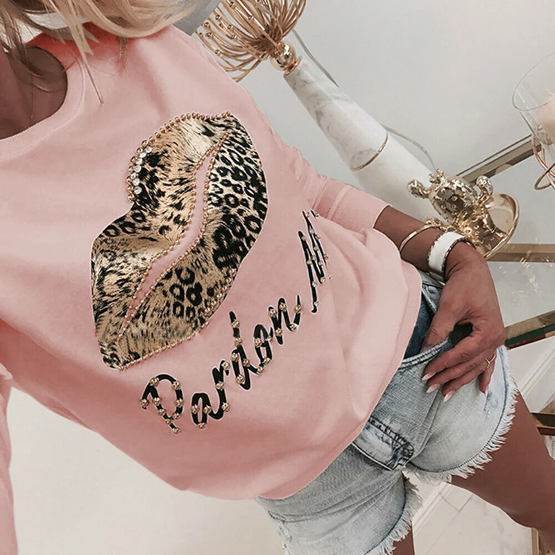 Women Sequins Lips Print Fashionable Sweatshirt Autumn Leopard Long Sleeve Beading Hoodie Lady O-neck Kawaii Sweatshirt Hoodies