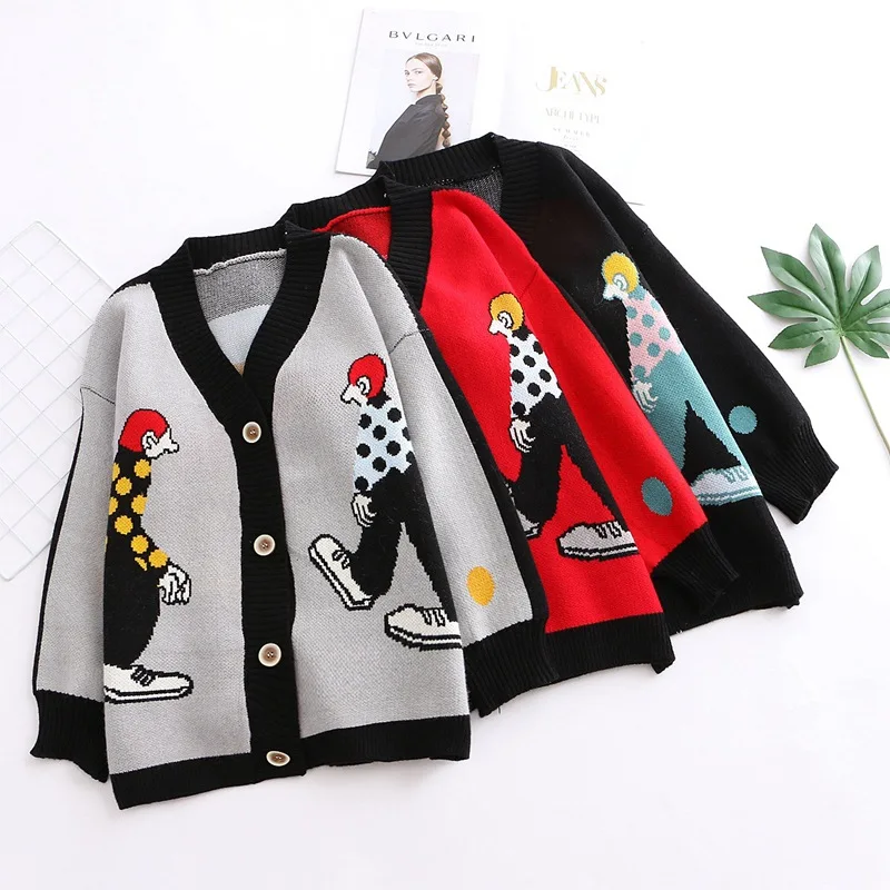 

Cartoon printed cardigan autumn and winter new V-collar button loose cardigan sweater f4146