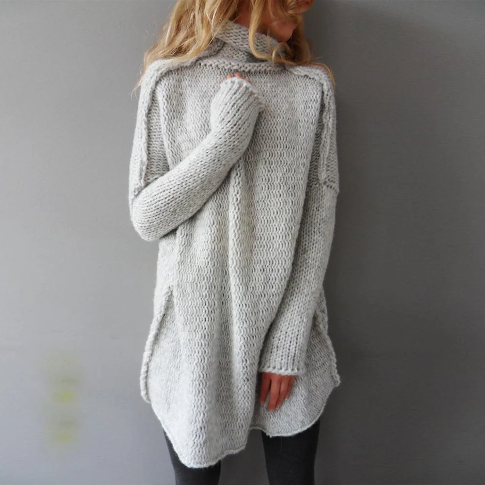 Женский Длинный Однотонный свитер с высоким воротником вязаный джемпер длинными