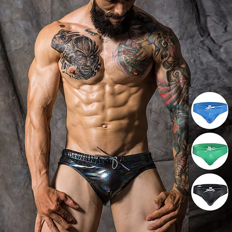 

Для мужчин из искусственной кожи блестящие купальный бикини пуш-ап со шнуровкой ванный комплект быстросохнущая пляжная Мужские Шорты для к...