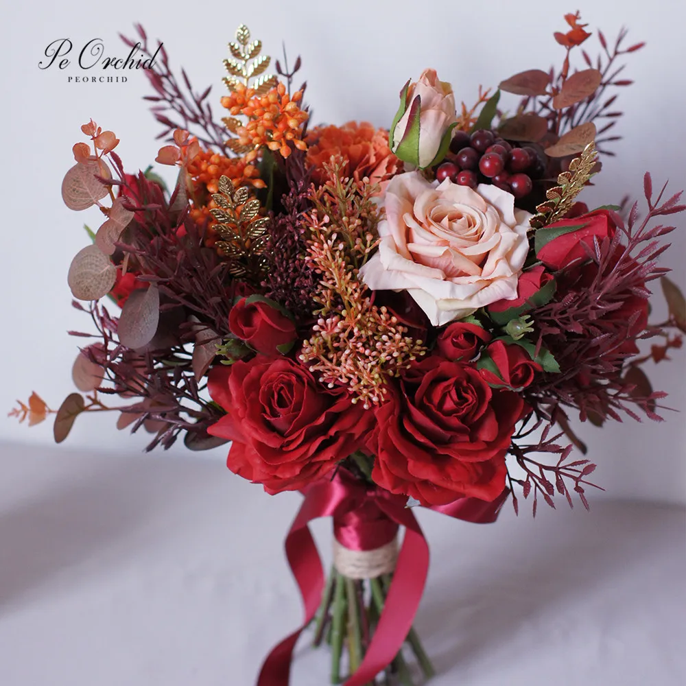PEORCHID винтажный бордовый Свадебный букет из роз Искусственные цветы для