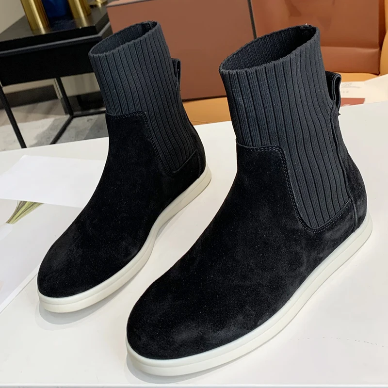 Goedkoop Ronde Neus Enkellaarsjes Voorjaar Merk Ontwerp Vrouwen Schoenen Vintage Elastische Gebreide Vrouwelijke Platte Laarzen