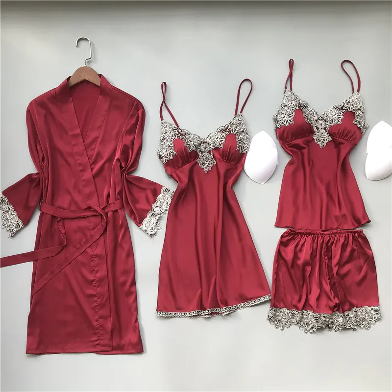 

Spring Summer Sleepwear 4 Pieces Pyjama Women Satin Lace Pajamas Sets with Chest Pads Pijama