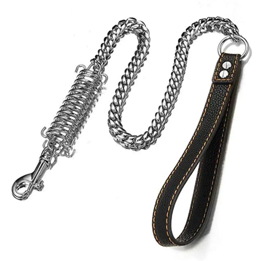 

1FT 2FT 3FT Stainless Steel Silver Color Buffer Spring Metal Miami Cuban Curb Link Chain 14mm Dog Leash With Leather Handle