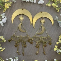 brass waxing moon lunar moth celestial star dangle earrings
