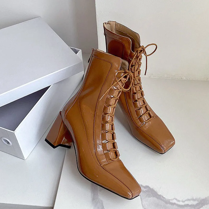 

Ботинки женские на высоком каблуке, сапоги до середины икры, на молнии, с перекрестной шнуровкой, квадратный носок, ботинки на блочном каблу...