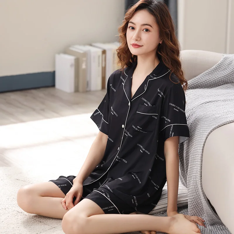 Short Satin Pyjamas Women Letter Print Pajama Femme Sleepwear Women 2021 New Summer Thin Nightwear PJ Set Satin Ice-Silk Pijama