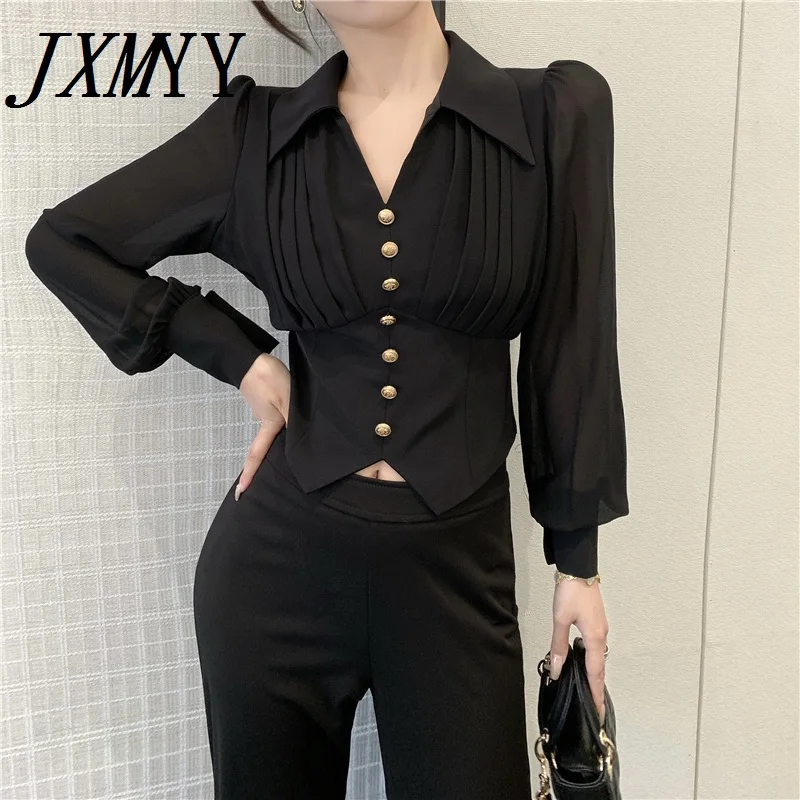 

JXMYY 2022 French Elegant Short Shirt Female Long-Sleeved Spring New Fashion Style Design All-Match Comfortable Top