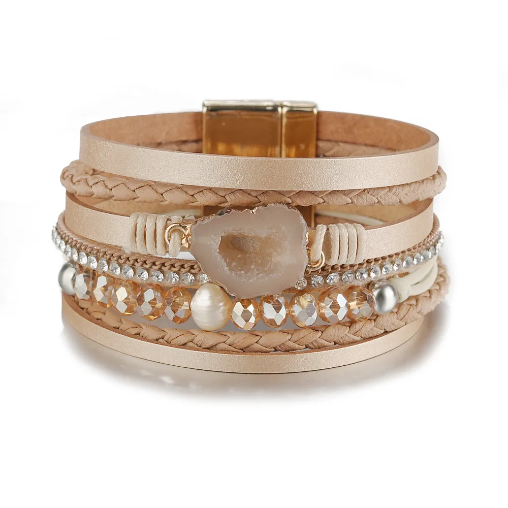 

European And American Retro National Wind Magnetic Buckle Leather Woven Freshwater Pearl Bracelet Crystal Women's